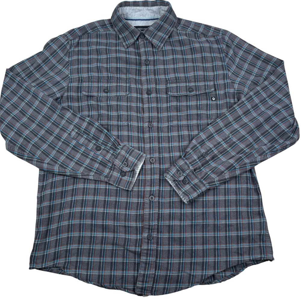 Marmot Flannel Shirt Mens Medium Grey Blue Plaid Button Front C96000 Soft